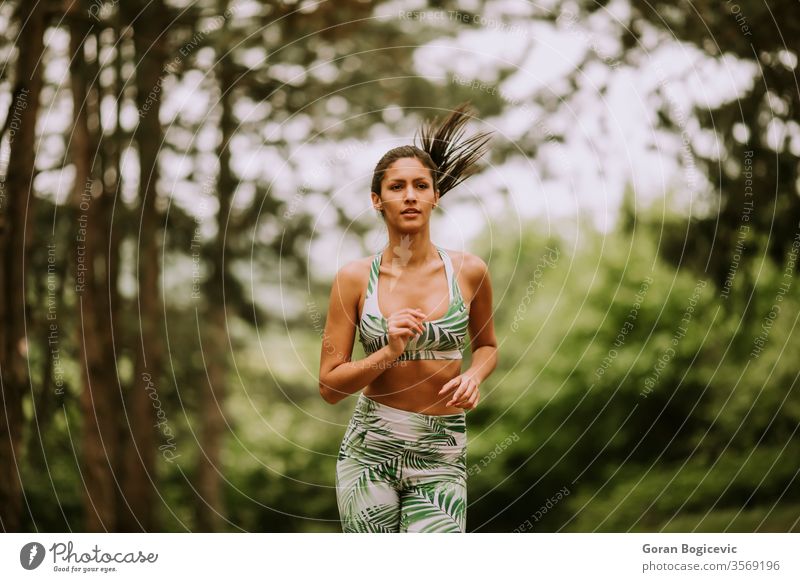 Young fitness woman running at forest trail female athlete park active green exercise young outdoor runner jogging training jogger tree lifestyle sport rural