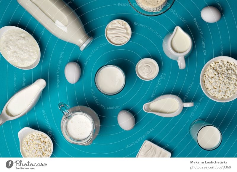 Collection of dairy products on blue background, top view different type set milk cottage cheese sour cream bottle bowl creamer egg white pattern above table