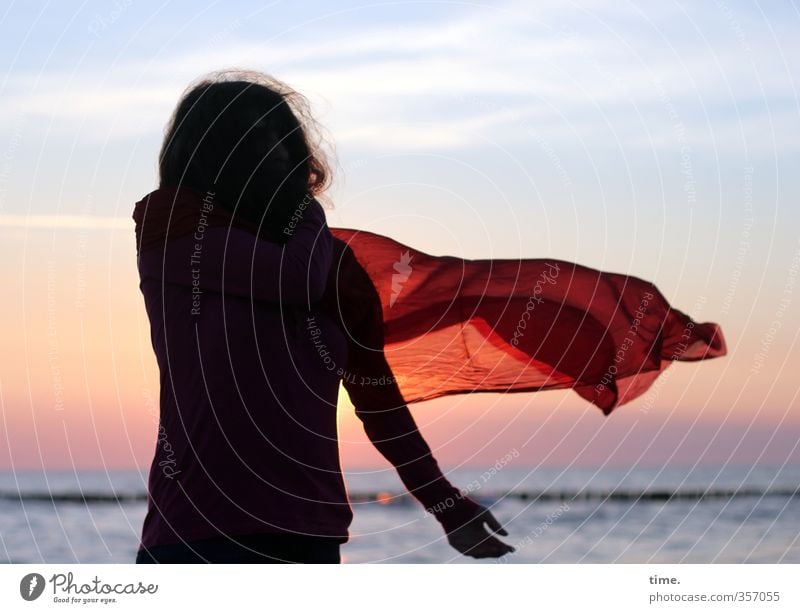 . Feminine 1 Human being Sky Horizon Beautiful weather Waves Baltic Sea Wooden stake Rag Textiles Joie de vivre (Vitality) Wanderlust Movement Relaxation