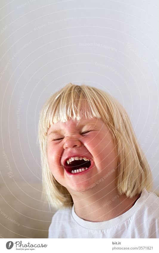 Laugh bomb explodes Child Toddler girl Laughter Laughing fit Funny Happiness Joy portrait luck Cute Infancy Blonde wittily fun Funster Comical laughing fit