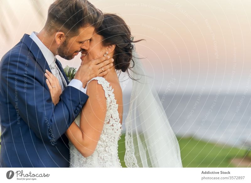 Newlywed couple hugging at seashore during amazing sunset newlywed groom bride tropical luxury wedding seascape cuddle cheerful green lawn field palm sundown