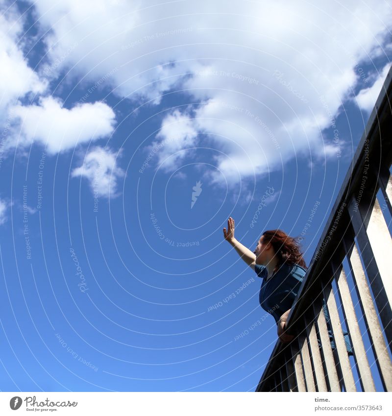 a distant greeting bridge Woman salute Wave Stand Sky sunny Clouds Beautiful weather Observe see look recover Curiosity Shirt pile-lander enthusiastic joyfully