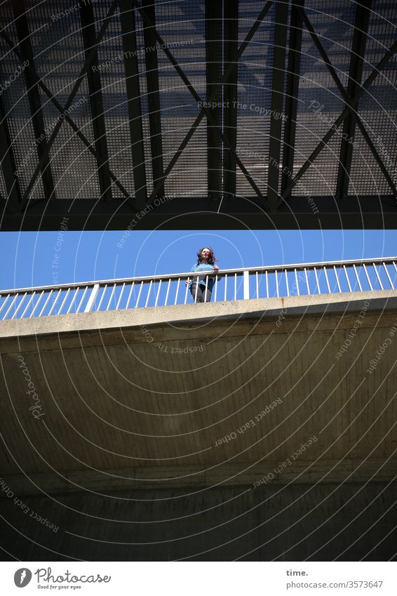 Bridge picture with lady bridge Woman Tall portrait Stand Handrail pile-lander Sky look Observe Perspective disheveling