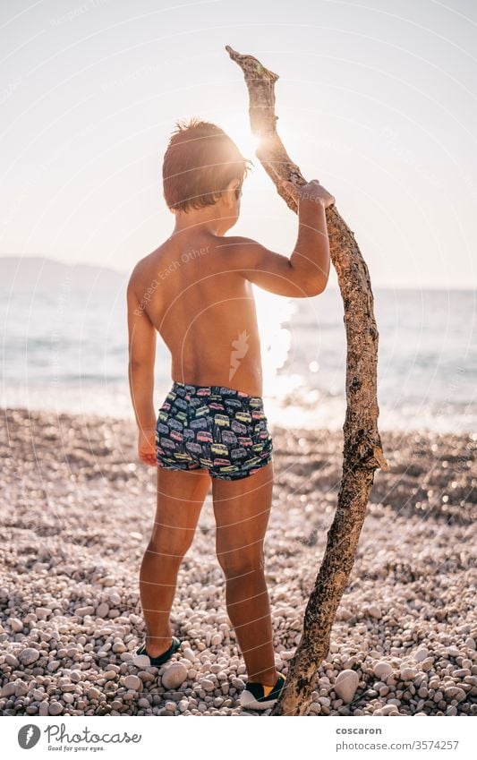 Lttle boy with a big stick on a beach at sunset adventure baby back background beautiful cheerful child childhood children coast exploring family freedom fun