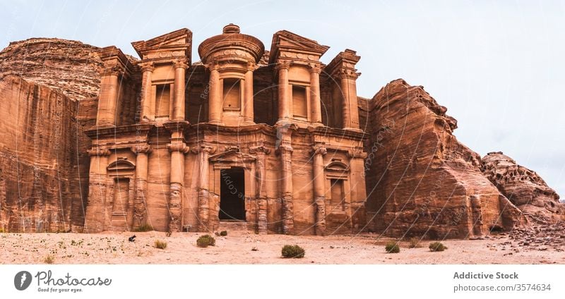 Views of a famous temple in Petra seen from above ancient architecture historic old stone carve building tourism petra jordan middle east culture heritage