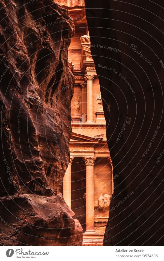 Views of a famous temple in Petra seen from above ancient architecture historic old stone carve building tourism petra jordan middle east culture heritage