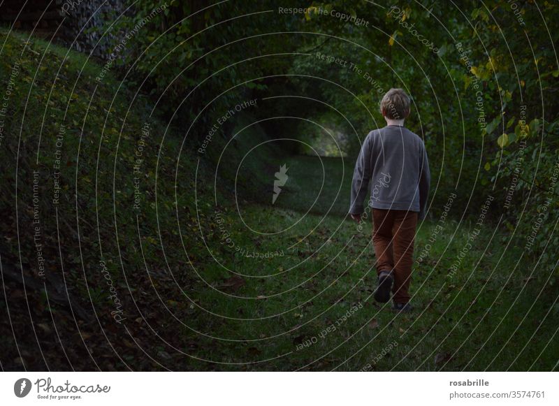 Spaces | Child walking through a hollow way at dusk on one's own Twilight ravine forsake sb./sth. courageous reckless Doomed confident Trust Fear anxiously Dark