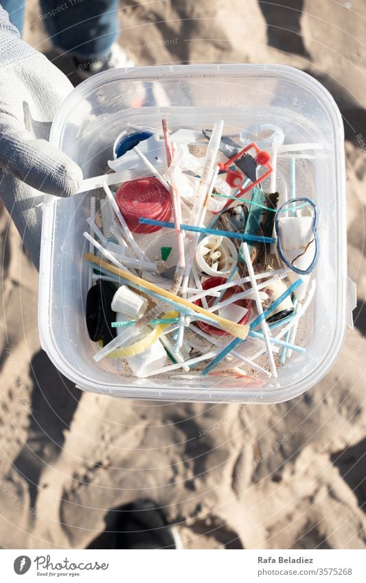 Pile of plastics collected by volunteers at a beach cleaning Plastic Plastic packaging Plastic waste Pollution pollution of the environment Climate