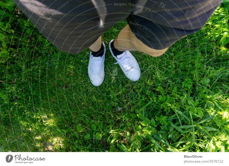 Go hiking with white sneakers and short pants Summer Summer feeling White white shoes Sneakers summer shoes Footwear Terrace masculine male legs Sun Sunlight