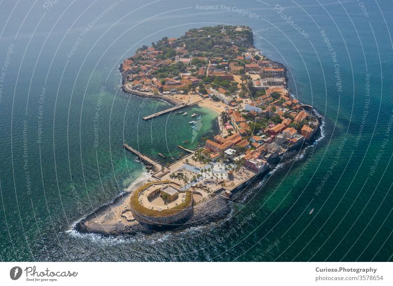 Aerial view of Goree Island. Gorée. Dakar, Senegal. Africa. Photo made by drone from above. UNESCO World Heritage Site. senegal dakar africa goree islands slave