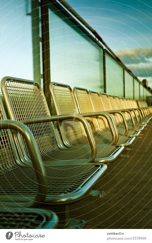 Empty row of seats / waiting area Berlin Row of chairs Far-off places Trajectory waiting room Wait Taxi rank Airport Chair Row of seats Airfield Sky Horizon