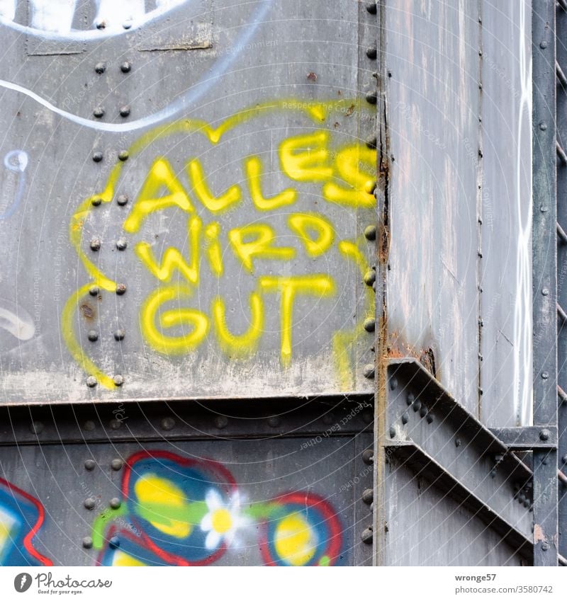 Graffito Everything is well sprayed with yellow paint on a bridge girder Graffiti Colour photo yellow color Steel carrier Bridge girder Steel bridge