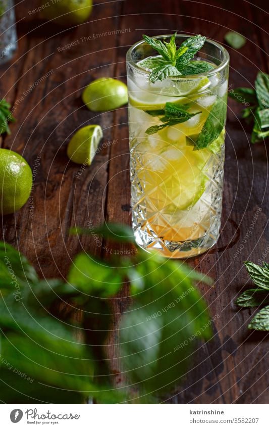 Homemade refreshing mojito cocktail in a tall glass mocktail mint lime Caipiroska caipirinha lemonade beverage drink leaf alcohol citrus wooden green copy space