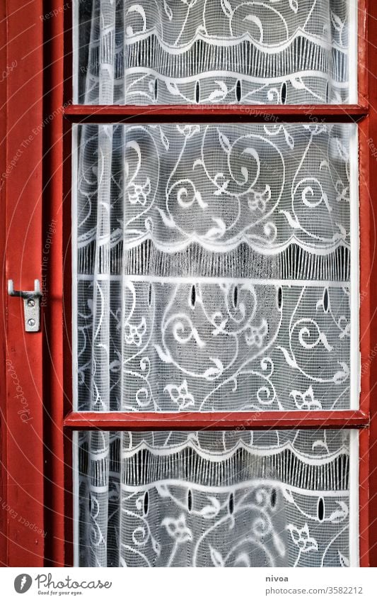 red window with curtain Window Red Glass Curtain Point Deserted White Colour photo Drape House (Residential Structure) Decoration Living or residing Day Old