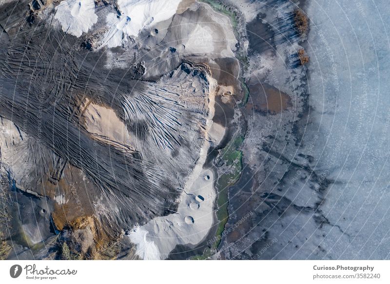 Aerial view of degraded landscape. Destroyed land. View from above. Industrial place. Photo captured with drone. poland destroyed mine background industry