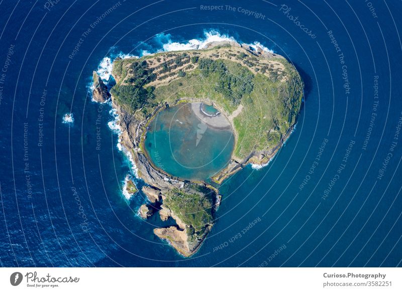 Aerial view of Islet of Vila Franca do Campo, Sao Miguel island, Azores, Portugal. miguel vila franca campo sao portugal azores islet aerial summer nature water