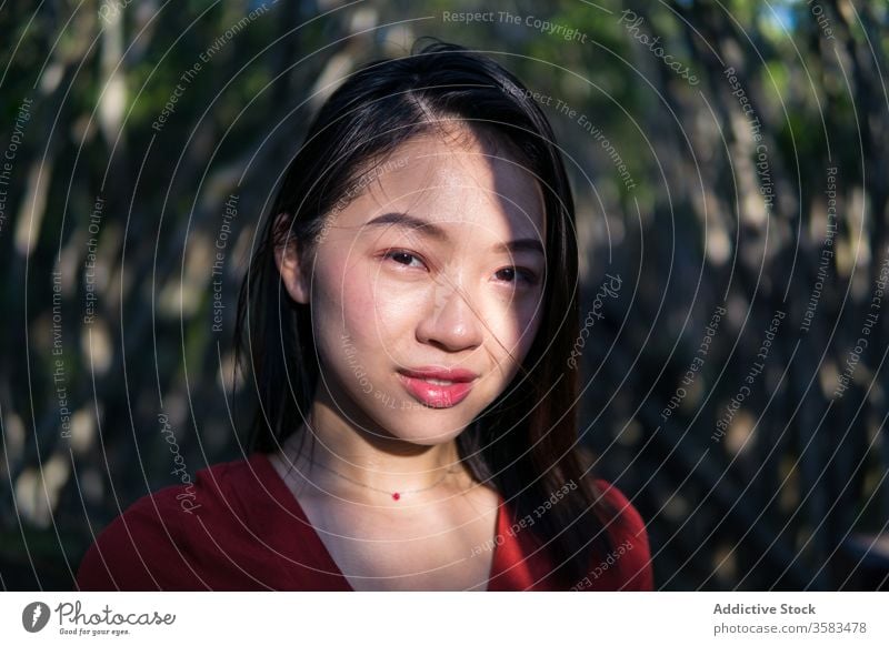 Dreamy young Asian woman standing in park contemplate calm dreamy feminine mouth opened human face necklace quiet think serene summer youth peaceful tree