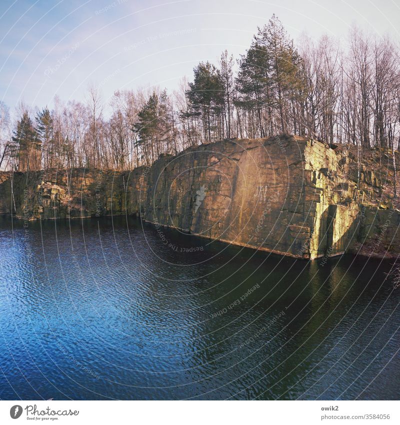 block of flats Königshain Mountains Rock Water Lake Forest huts Sky Clouds Contrast Stone Granite Quarry Landscape Nature Blue Exterior shot Environment tree