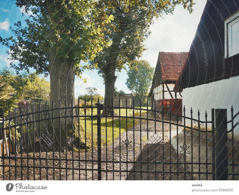 Courtyard with sky Highway ramp (entrance) Grating Goal Metal cordoned off House (Residential Structure) tree Deciduous tree Wall (building) Window Sky Clouds