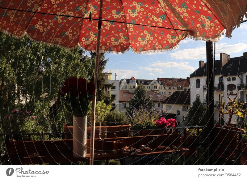 Balcony parapet with parasol Sunshade Retro balcony rail balconies Champagne glass Balcony life Moody Living or residing Single one glass Exterior shot Deserted