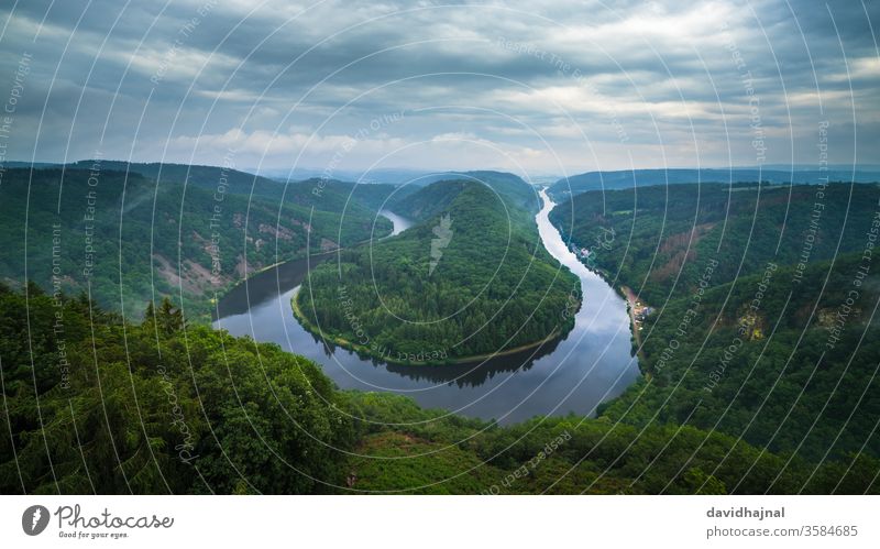 The Saar Loop at the viewpoint Cloef at Orscholz near Mettlach. saar loop river horseshoe saarschleife aerial aerial view landmark orscholz cloef mettlach blue