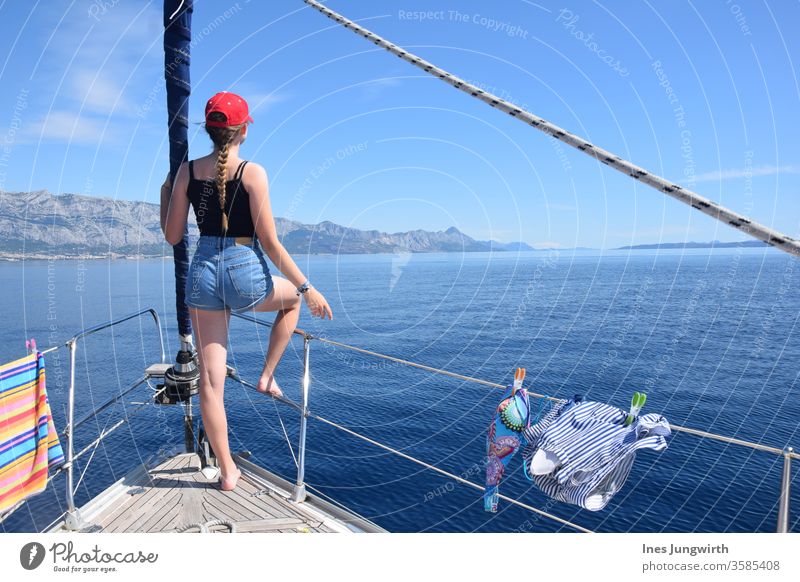 Full ahead! Croatia Ocean Sister Blonde blonde hair hair in the wind Hair and hairstyles Tourism already Calm Mediterranean Horizon Vantage point Exterior shot