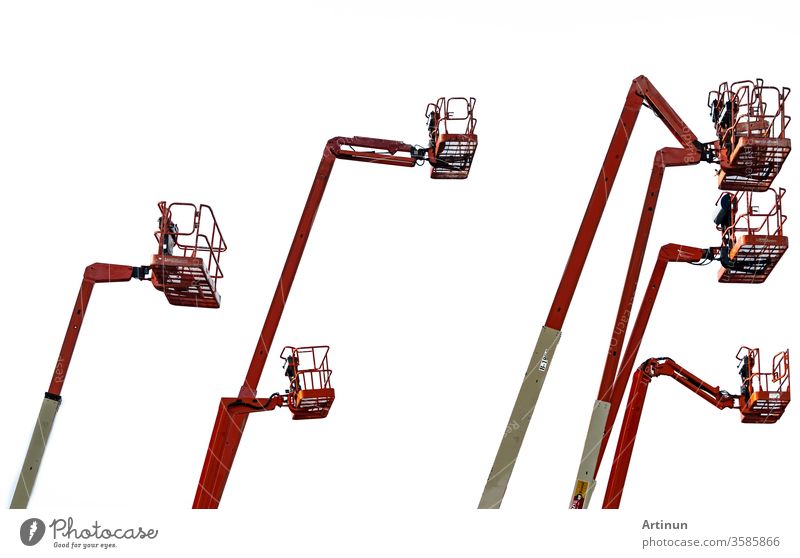 Orange articulated boom lift. Aerial platform lift. Telescopic boom lift isolated on white background. Mobile construction crane for rent and sale. Maintenance and repair hydraulic boom lift service.