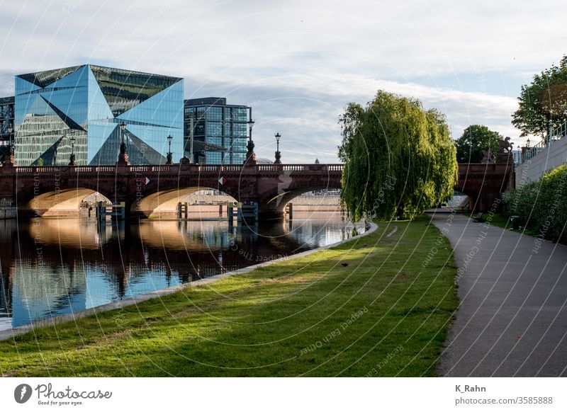 Berlin Central Station Town bridge Water Sky cityscape Architecture built Clouds Blue view Modern metropolis Spree Capital city Train station Meeting point