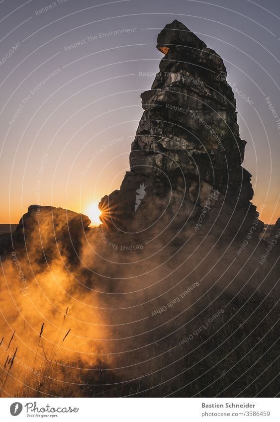 Fog in the morning at the Teufelsmauer in the Harz mountains Landscape Nature Sky Rock Cretaceous period Clouds Colour Might Row Lime Tall Sandstone Line