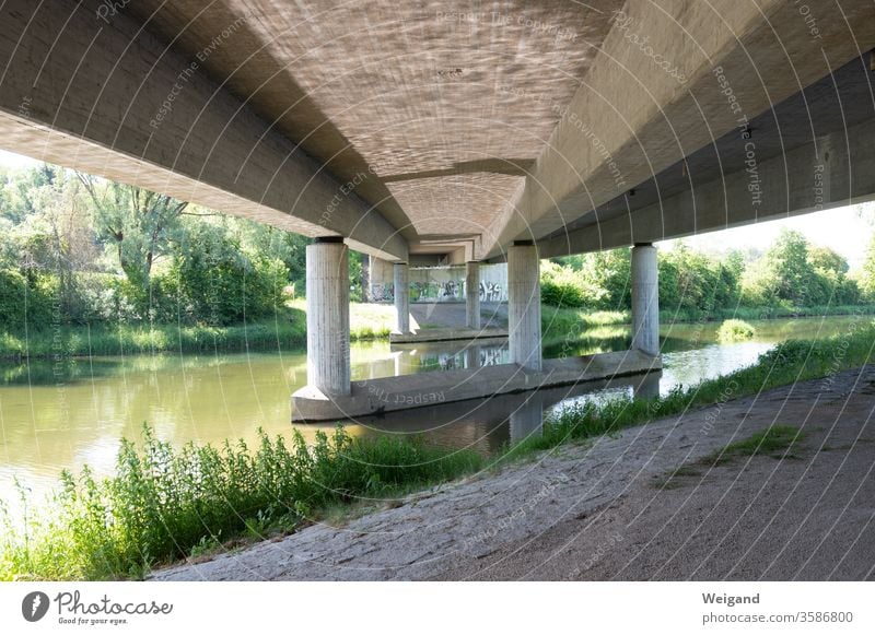 Concrete bridge brutalism Manmade structures Danube Architecture Connect Abstract River Water Transport Traffic infrastructure Car bridge reflection Deserted