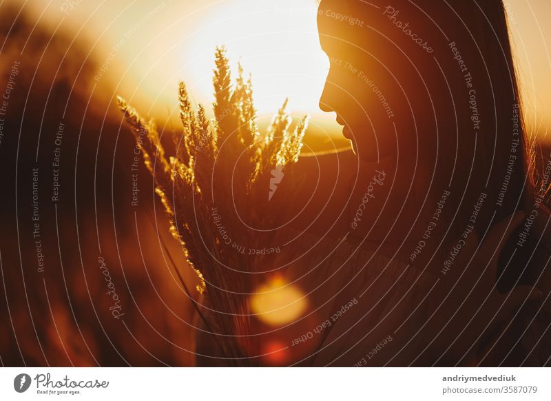 Young woman Girl in field in Sunset in spring, summer landscape background Springtime Summertime. Beautiful smiling woman in a field at sunset. selective focus