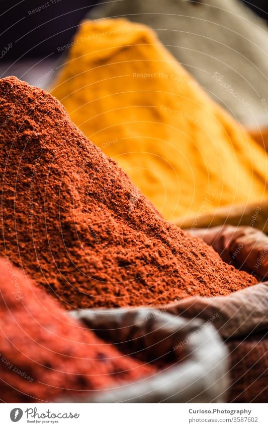 Traditional spices market in India. africa african arabic aromatic asia asian bazaar blured buy chili cinamon color colorful cook cooking cuisine culture curry