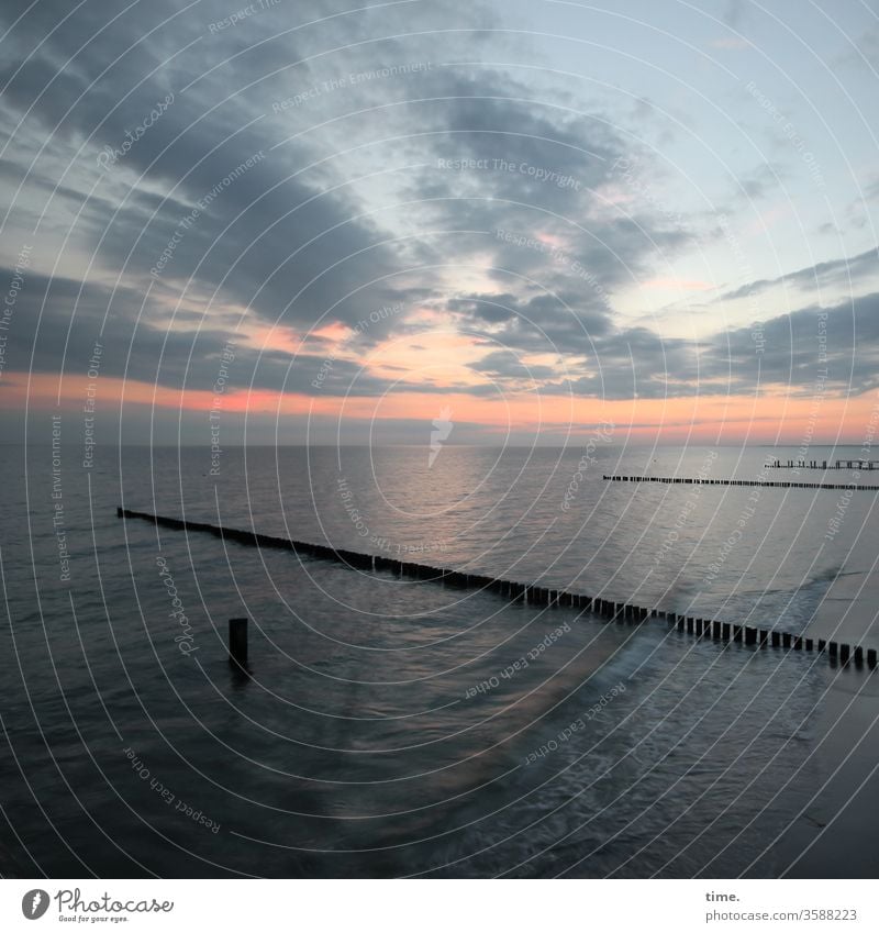 blue hour Baltic Sea, 1 vacation Relaxation in common at the same time Protection groynes Ocean Water surf protection Sunset Sky Horizon Coast Waves Clouds