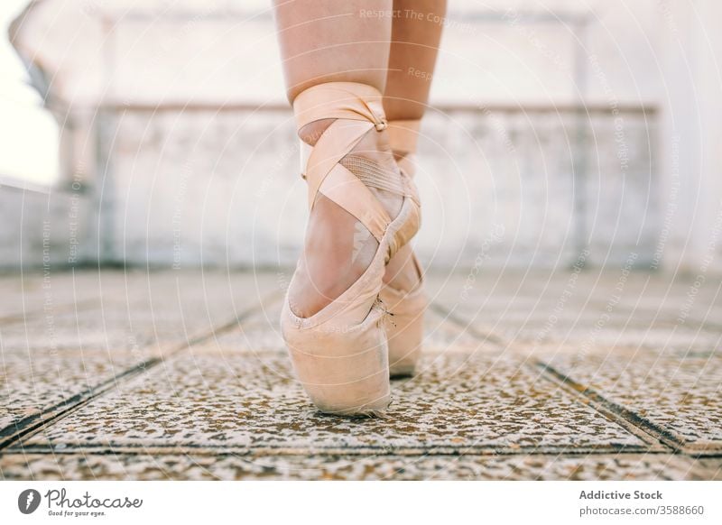 Ballerina in pointe shoes on street ballerina woman dancer weathered talent position perform female stone elegant shabby balance grace tiptoe posture slim lady