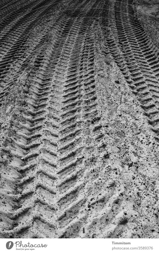 Printed matter | Your tracks in the sand... Sand Beach Tracks Tire Vehicle Skid marks North Sea Deserted Black & white photo