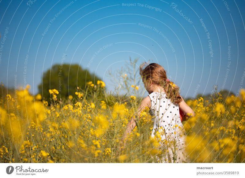 Child in a rape field girl Playing balloon Grasp Catch Field way blossom Blossoming bloom flowers floral Nature Feminine kelid Blonde curly-headed hands