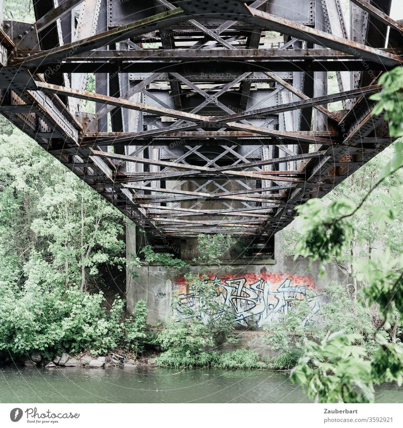 Old railway bridge over the Havel near Oranienburg Iron Grating iron bridge piers Graffiti River bank bushes huts Rust Weathered Calm wearing decommissioned