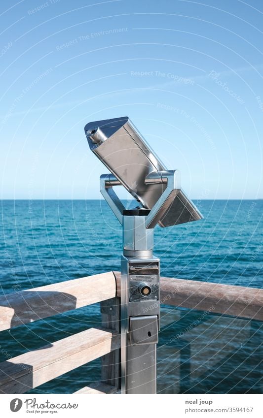 Telescope, sea, horizon and blue sky Ocean Vantage point Far-off places Horizon Blue sky Summer Water Baltic Sea Binoculars farsightedness Perspective