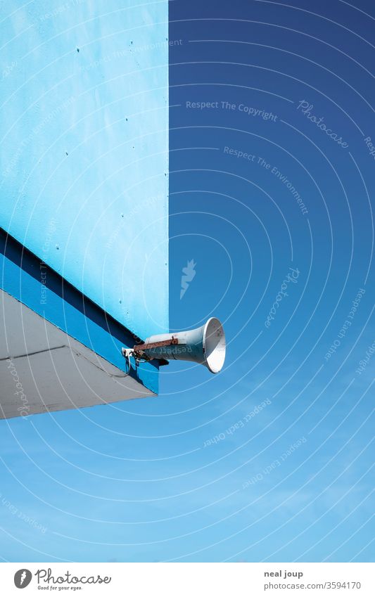 Blue wall, blue sky, megaphone Background photo minimalism Blue sky Information supervision announcement Megaphone Summer Relaxation Beautiful weather Sky