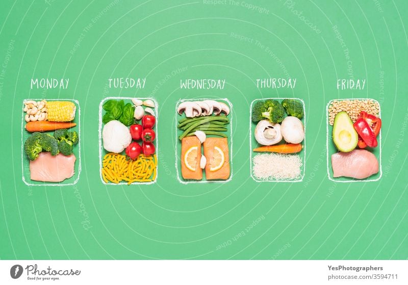 Weekly meal plan. Meal prep concept. Raw food ingredients in boxes above view chalk-drawn containers daily dietary dieting dinner flat lay gourmet