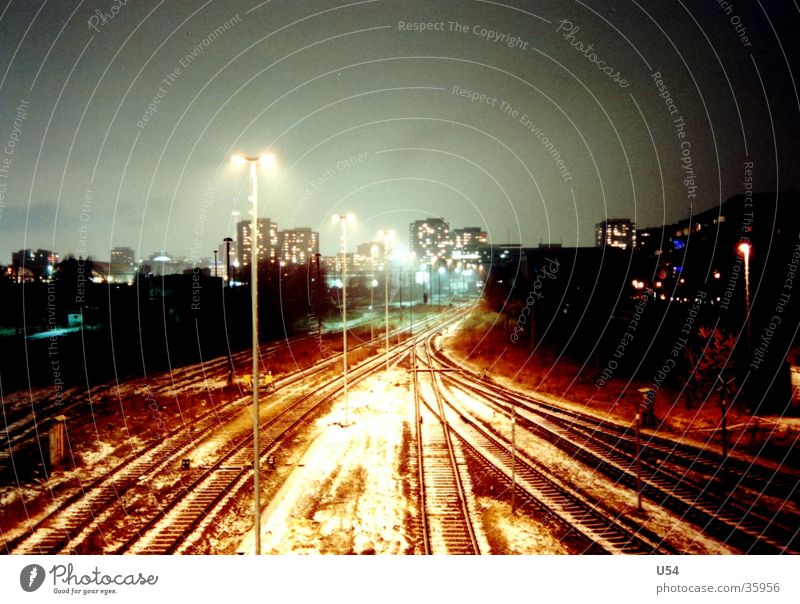 winter Railroad tracks Winter Night Long exposure Transport Train station Berlin Snow