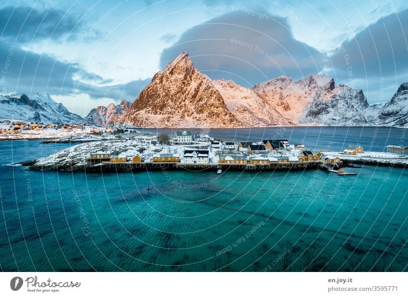 Sakrisoy on the Lofoten in winter Lofotes Norway Scandinavia North Sakrisøy Ocean Winter Vacation & Travel Snowcapped peak Vacation in Norway seascape Fjord