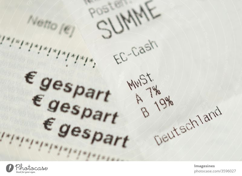 German receipt / voucher. Receipt with value added tax. Concept Reduction of VAT rate from 19% to 16% and from 7% to 5%. Bill - Germany saves. Money saved because of Coronavirus Covid-19, reduction of the VAT rate in Germany