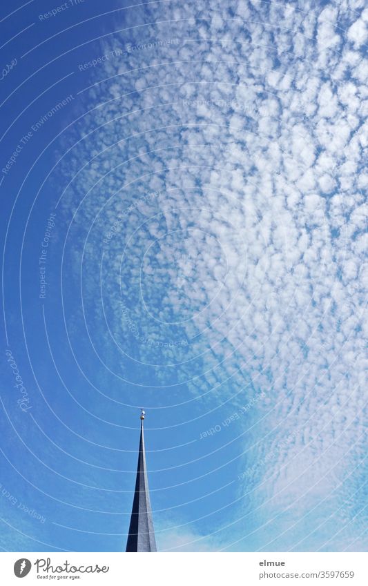 Church spire and cirrocumulus clouds (sheep clouds) in the blue sky Cirrocumulus cloud Cirrocumuli fleecy cloud Sky hairlock Cumulus Cloud plume