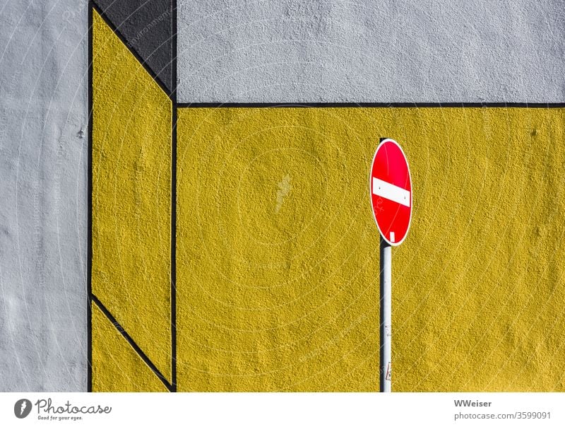 no entry in front of geometrically colored wall Highway ramp (entrance) forbidden Wall (building) Geometry moonrian Bauhaus Dessau Road sign Yellow angles