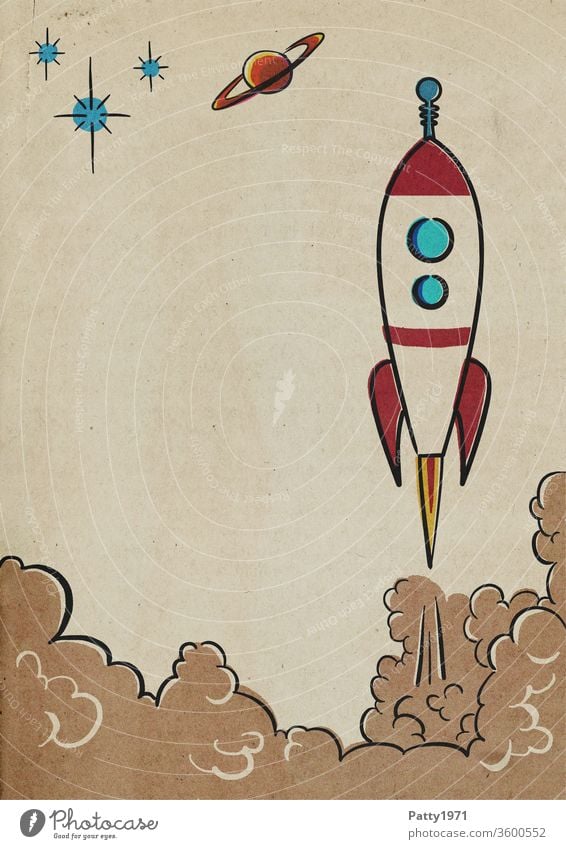 Launching retro cartoon rocket in halftone print/halftone effect Rocket Paper Cartoon Comic illustration Old vintage Retro copyspace Illustration Multicoloured