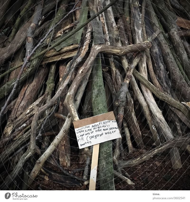 Child labour hut Forest branches Playground Protection Safety sign Caution please creatively in common Build Construction site Child employment Nature Art