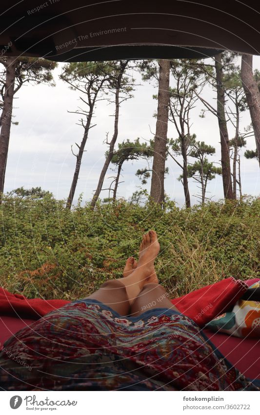 Selfie view out of the car into the nature Legs road trip relaxed Love of nature travel Van Life Vacation & Travel Relaxation Woman Car Window automobile