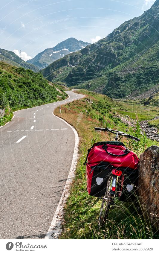 Gran San Bernardo (Switzerland) - Bicycle Europe Valais adventure bags bicycle black blue color day green july landscape mountain natural nature nobody outdoor