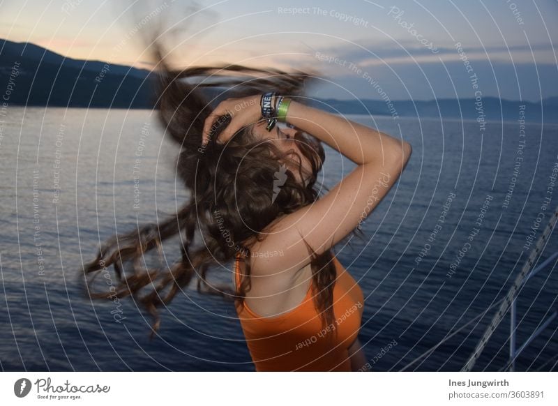 Hair Throwing Moment hair in the wind Hair and hairstyles Croatia Tourism already Calm Mediterranean Horizon Exterior shot Vantage point Landscape Deserted Bay